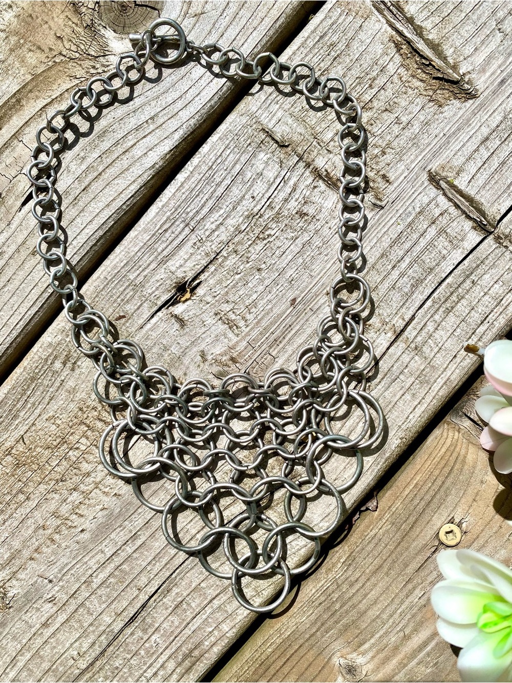Rustic chunky metal chunky chainmail bib necklace w hippy southwestern vibe
